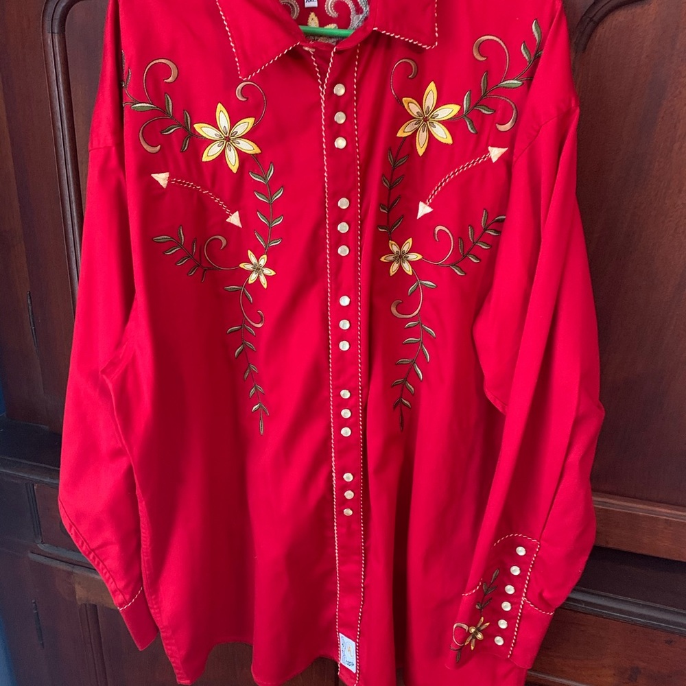 Vintage XXL Panhandle Slim Embroidered Red Western Shirt Pearl Buttons